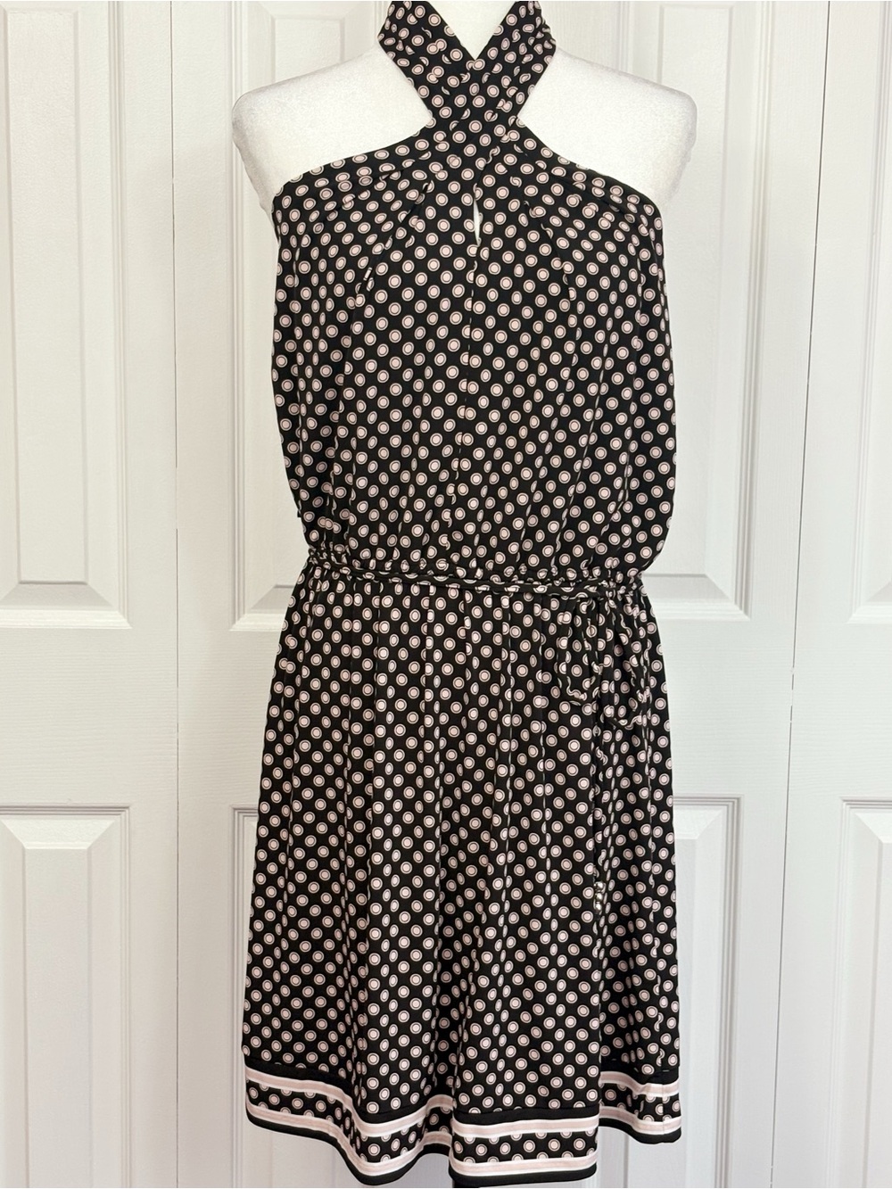 NWT Michael Michael Kors Black & Blush Cream Polka Dot Halter Mini Dress